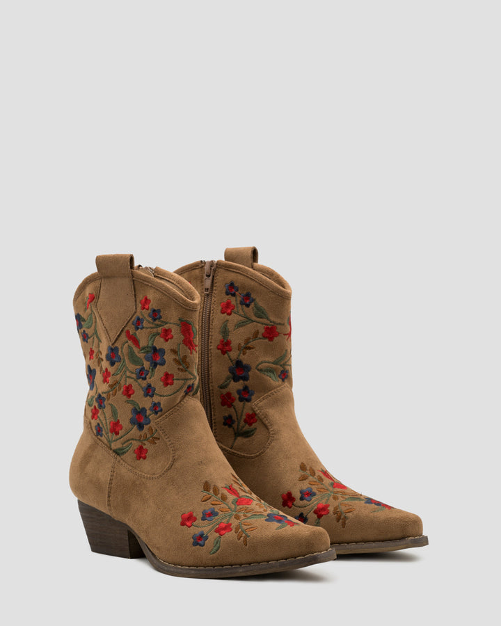 Buonarotti Cowboylaarzen Camel Suedine Kort Bloemen