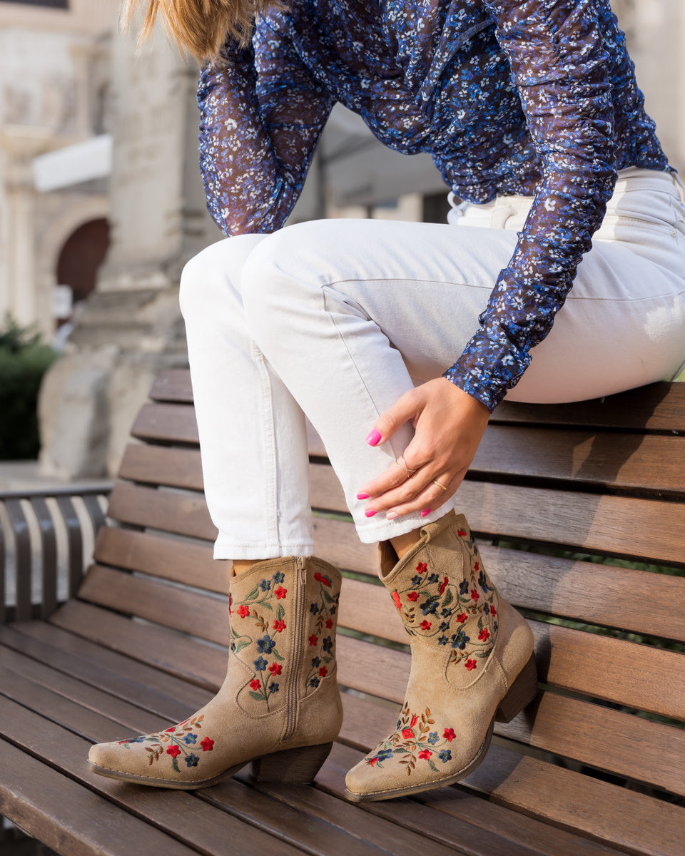 Buonarotti Cowboylaarzen Khaki Suedine Kort Bloemen