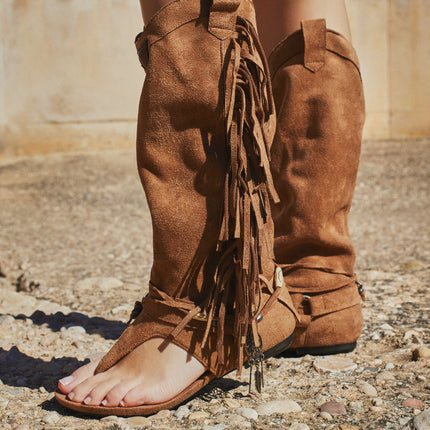 Buonarotti Hoge Ibiza Sandalen Camel Suedine Franjes