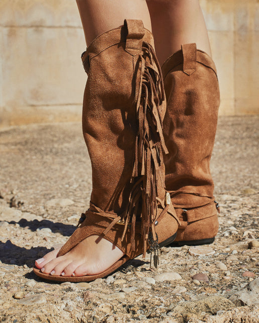 Buonarotti Hoge Ibiza Sandalen Camel Suedine Franjes