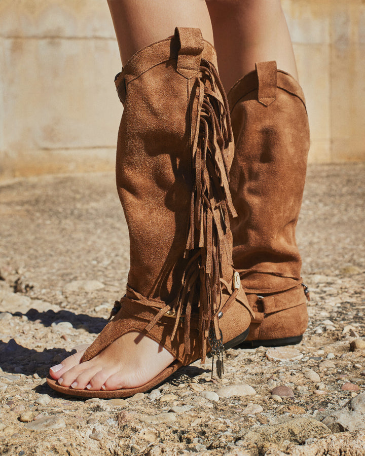 Buonarotti Hoge Ibiza Sandalen Camel Suedine Franjes
