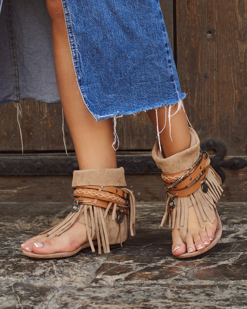 Buonarotti Ibiza Sandalen Beige Suedine Gesp Franjes