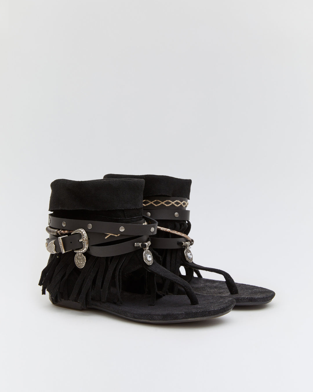 Buonarotti Ibiza Sandalen Zwart Suedine Gesp Franjes