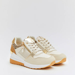 Buonarotti Wedge Sneakers Beige Rits Goud Leopard