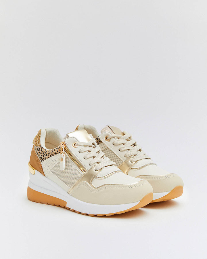 Buonarotti Wedge Sneakers Beige Rits Goud Leopard