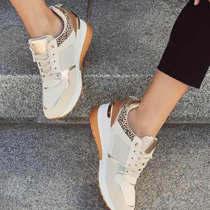 Buonarotti Wedge Sneakers Beige Rits Goud Leopard