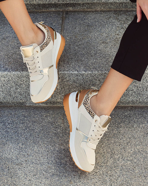 Buonarotti Wedge Sneakers Beige Rits Goud Leopard