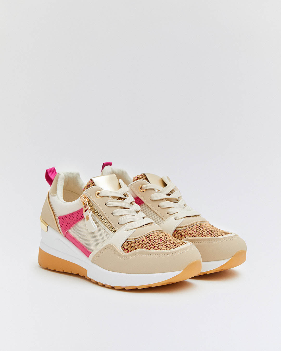 Buonarotti Wedge Sneakers Beige Rits Roze Canvas