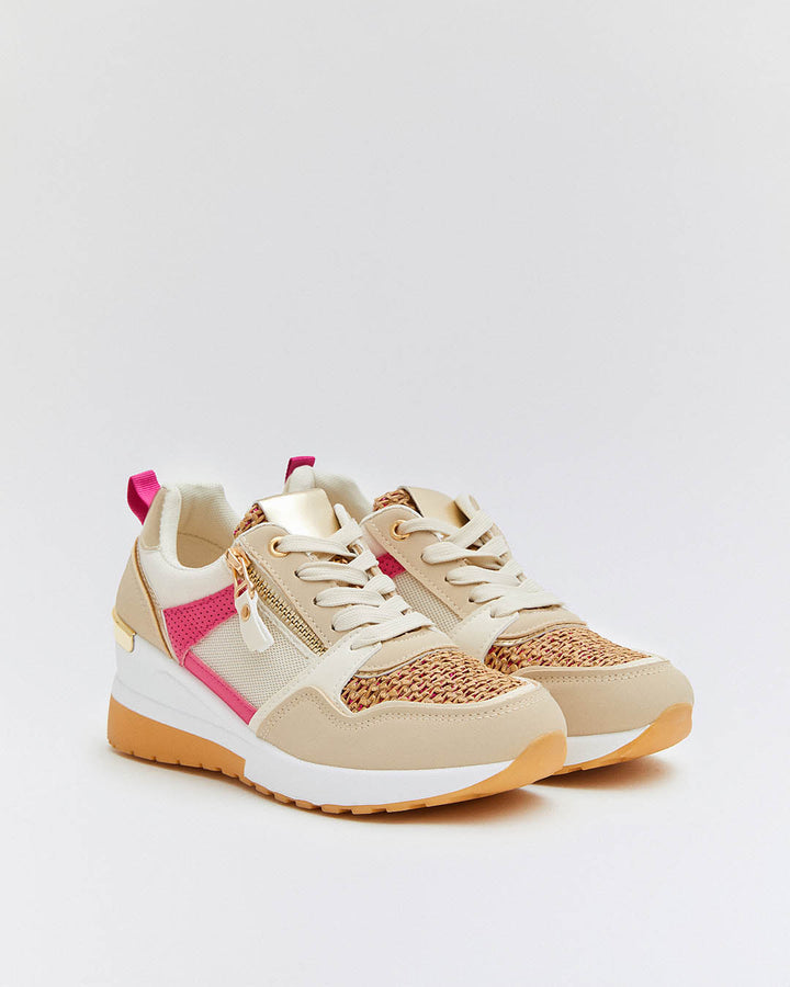 Buonarotti Wedge Sneakers Beige Rits Roze Canvas