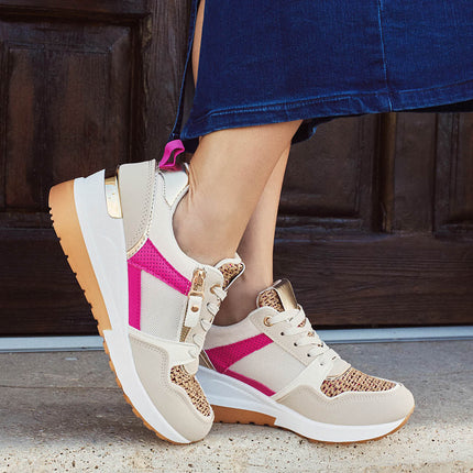 Buonarotti Wedge Sneakers Beige Rits Roze Canvas