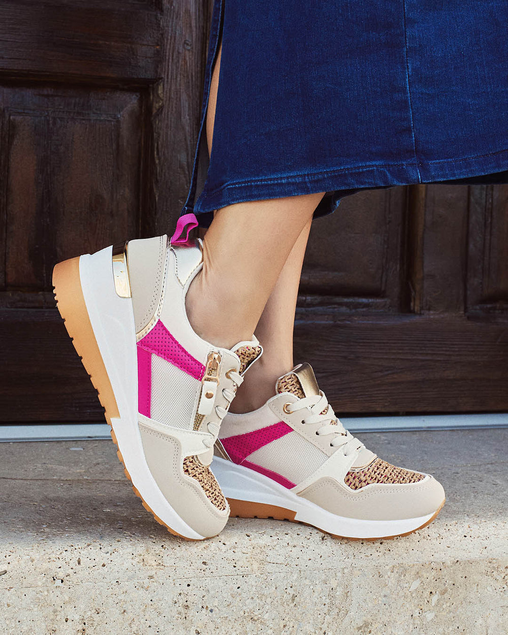 Buonarotti Wedge Sneakers Beige Rits Roze Canvas