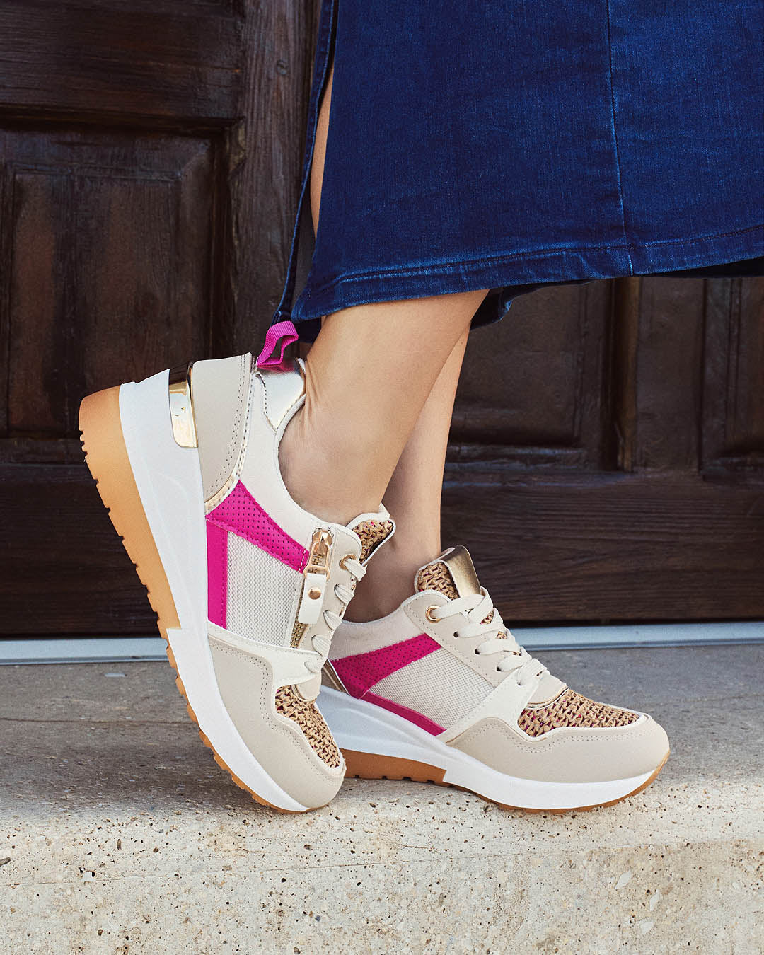 Buonarotti Wedge Sneakers Beige Rits Roze Canvas