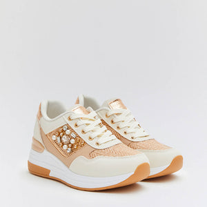 Buonarotti Wedge Sneakers Wit Canvas Bronze metallic Kralen
