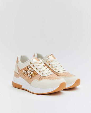 Buonarotti Wedge Sneakers Wit Canvas Bronze metallic Kralen