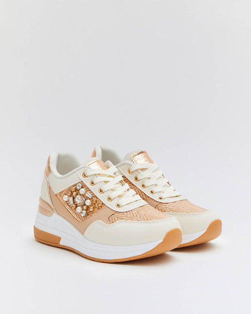 Buonarotti Wedge Sneakers Wit Canvas Bronze metallic Kralen