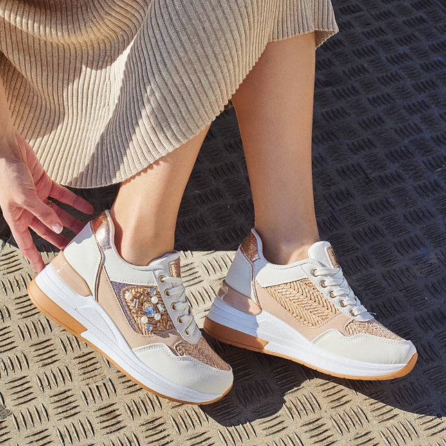 Buonarotti Wedge Sneakers Wit Canvas Bronze metallic Kralen