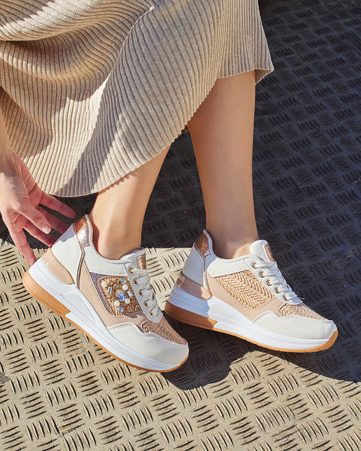 Buonarotti Wedge Sneakers Wit Canvas Bronze metallic Kralen