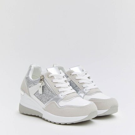 Buonarotti Wedge Sneakers Wit Rits Zilveren Glitters