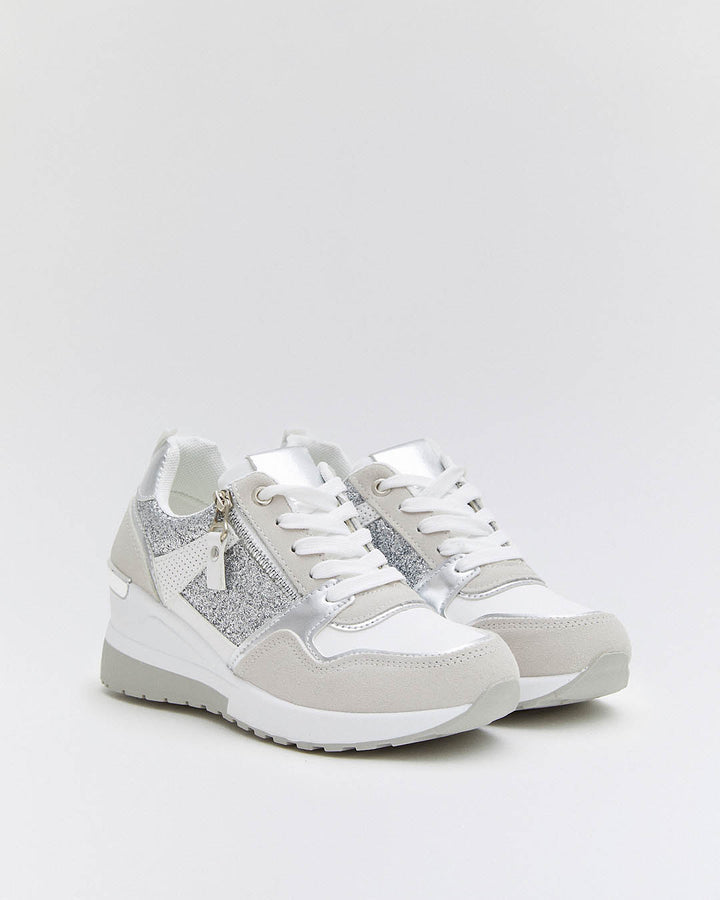 Buonarotti Wedge Sneakers Wit Rits Zilveren Glitters