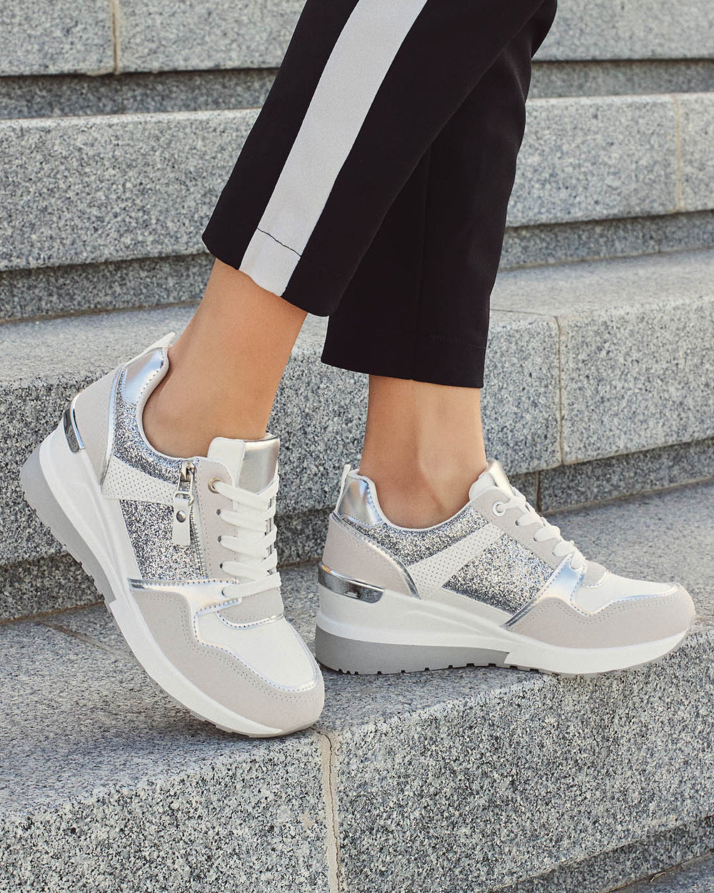 Buonarotti Wedge Sneakers Wit Rits Zilveren Glitters