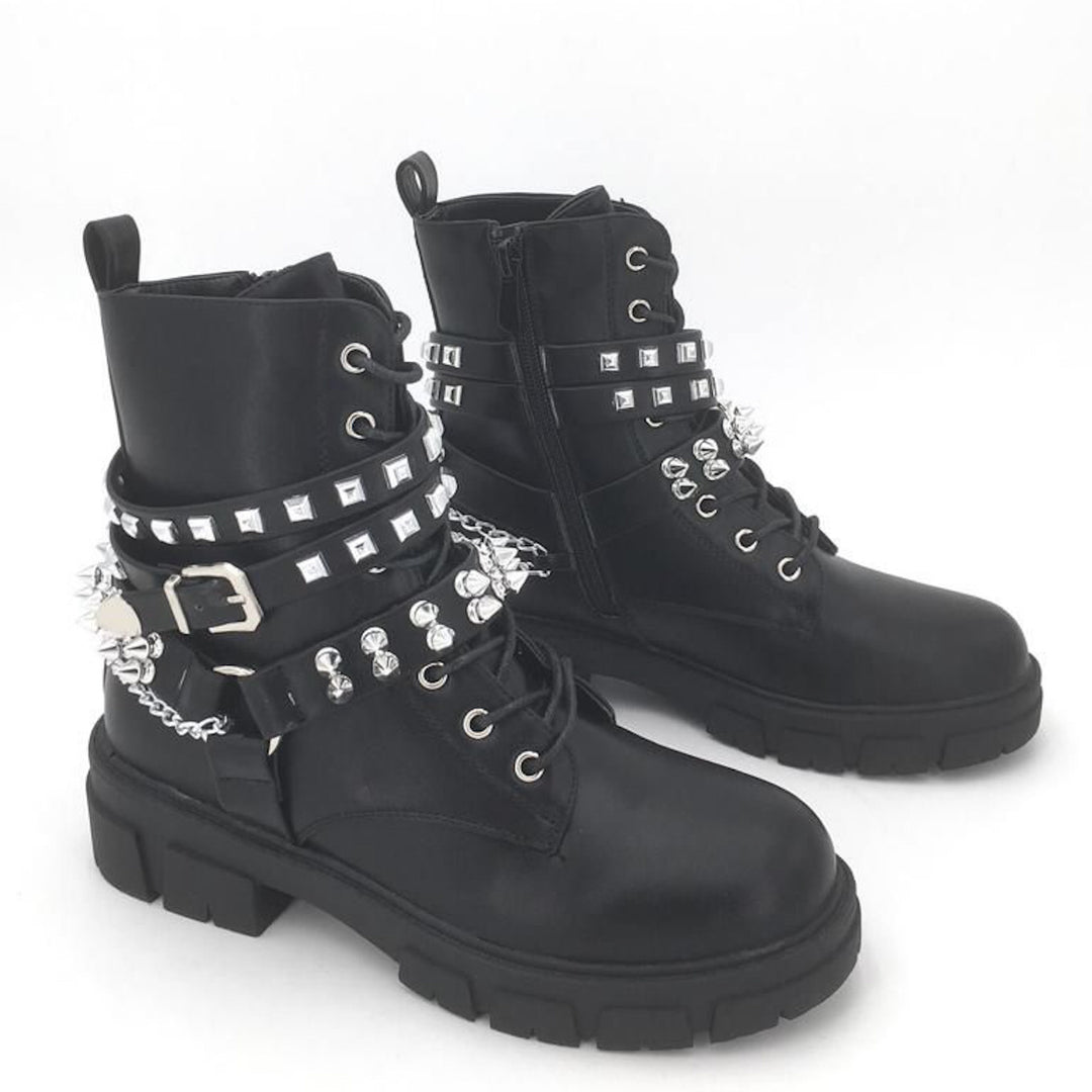Smile Favorites Biker boots Veter Zilveren studs Zwart