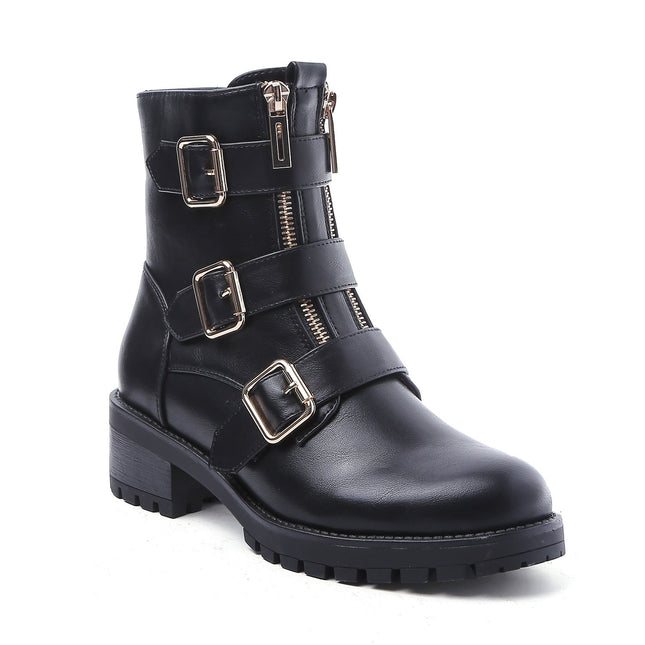 Smile Favorites Biker Boots Zwart Gouden Gespen Dubbele Rits