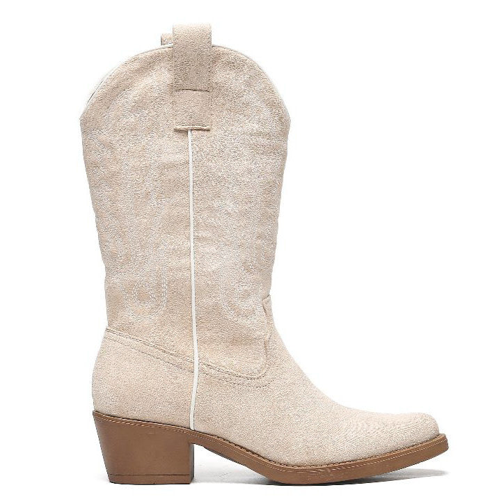 Smile Favorites Cowboylaarzen Beige suedine met witte Stiksels