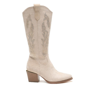 Smile Favorites Cowboylaarzen  Beige Suedine Rhinestone Hoog