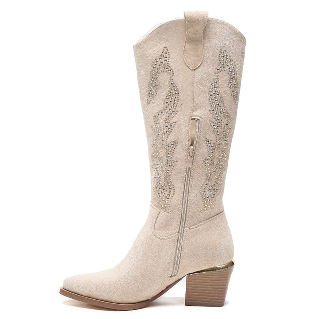 Smile Favorites Cowboylaarzen  Beige Suedine Rhinestone Hoog