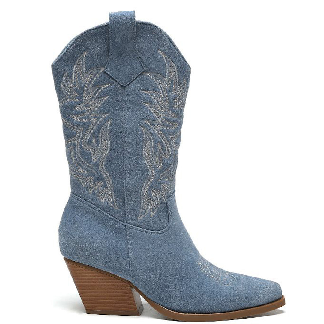 Smile Favorites Cowboylaarzen Blauw Suedine Stiksels Beige