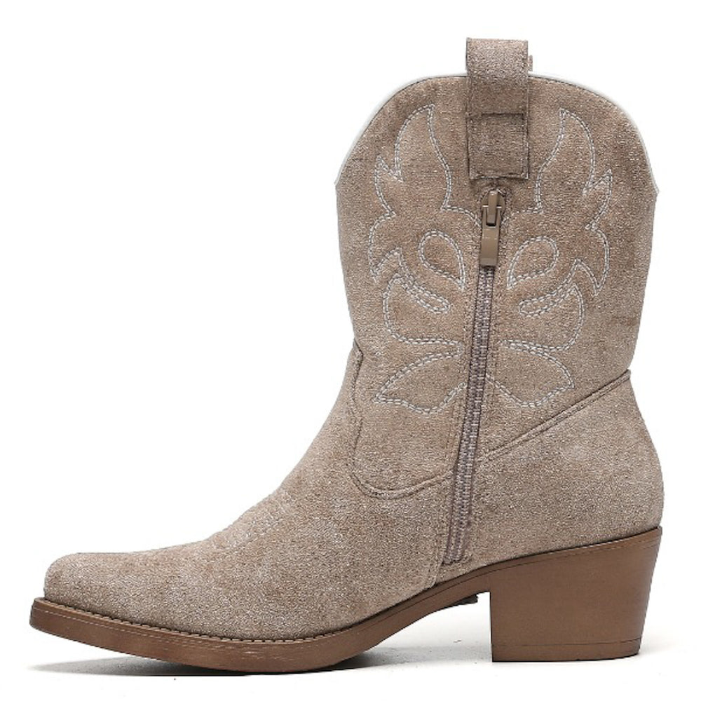 Smile Favorites Cowboylaarzen Khaki Suedine kort Witte Stiksels