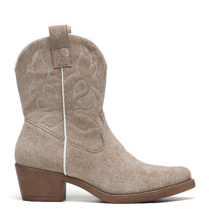 Smile Favorites Cowboylaarzen Khaki Suedine kort Witte Stiksels