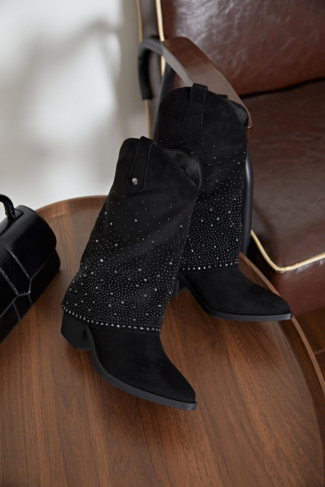 Smile Favorites Cowboylaarzen Zwart Suedine Rhinestone Omslag