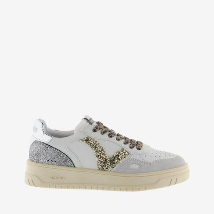VICTORIA Sneakers White Split Leather Glitter Leopard
