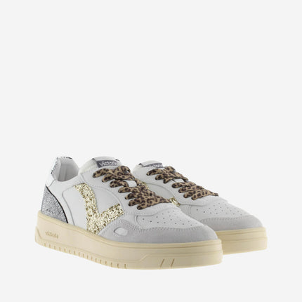 VICTORIA Sneakers White Split Leather Glitter Leopard