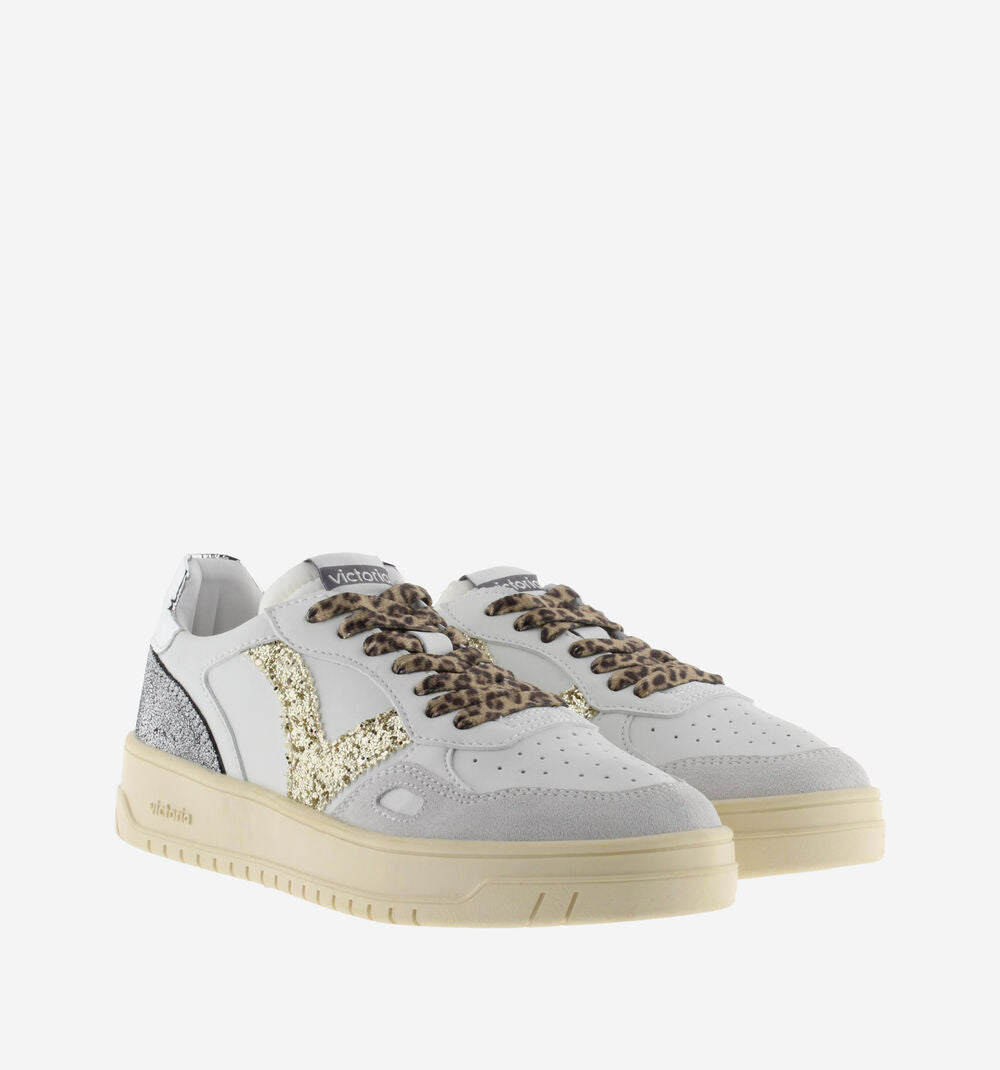 VICTORIA Sneakers White Split Leather Glitter Leopard