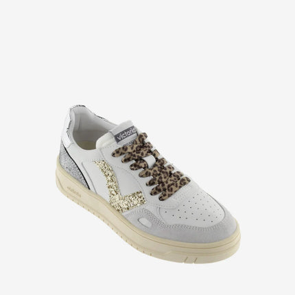 VICTORIA Sneakers White Split Leather Glitter Leopard