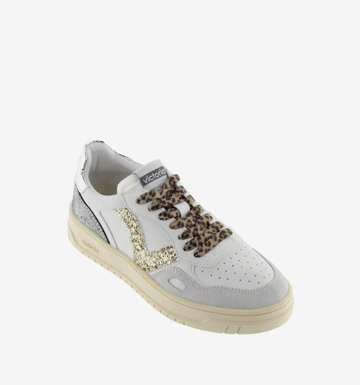 VICTORIA Sneakers White Split Leather Glitter Leopard