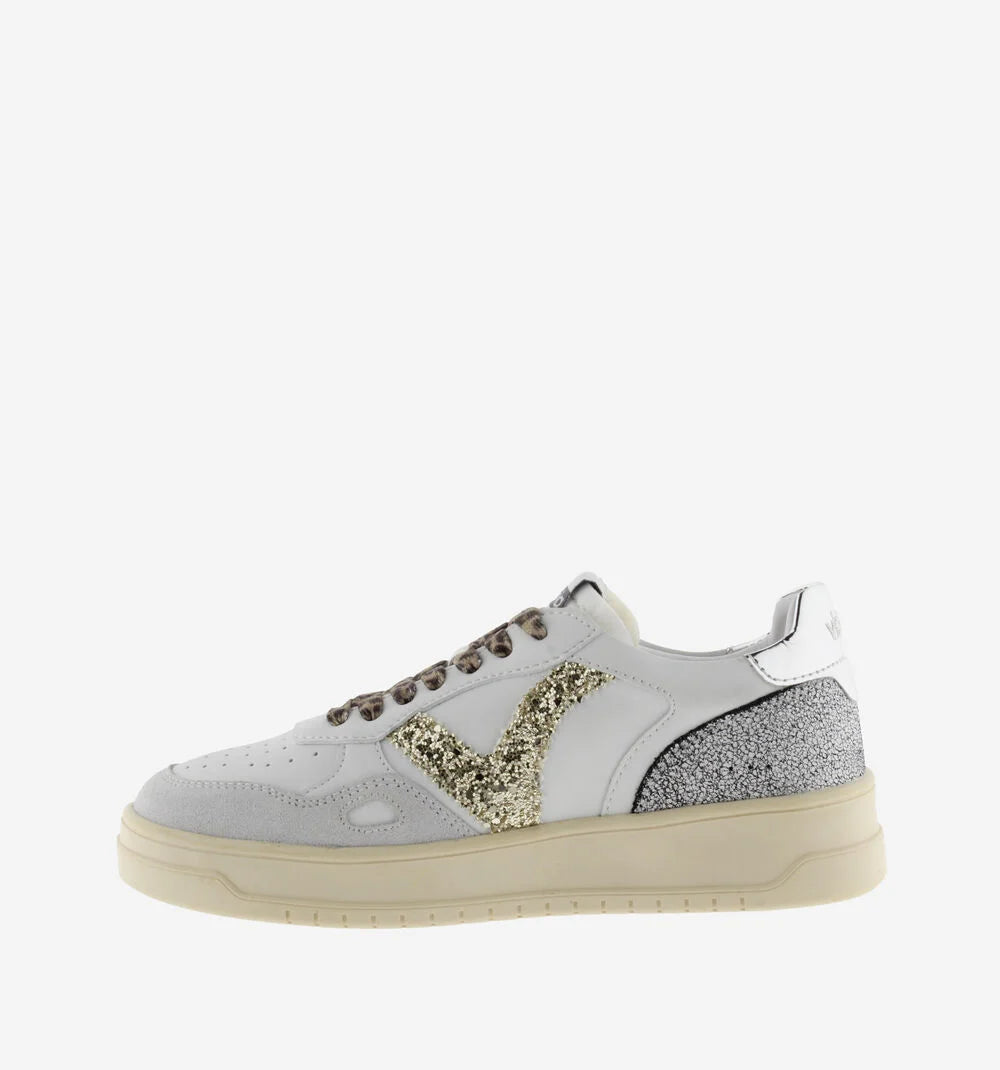 VICTORIA Sneakers White Split Leather Glitter Leopard