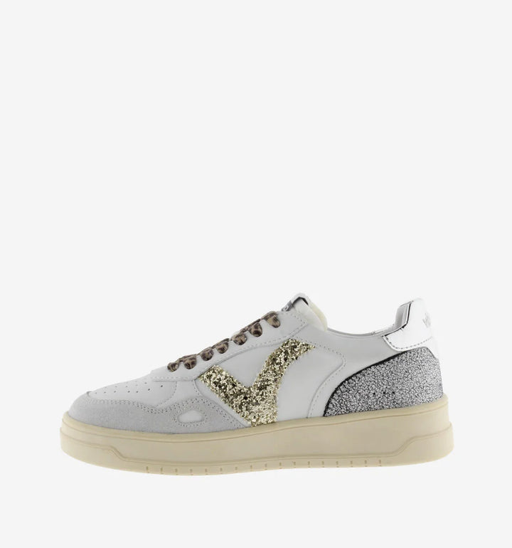 VICTORIA Sneakers White Split Leather Glitter Leopard