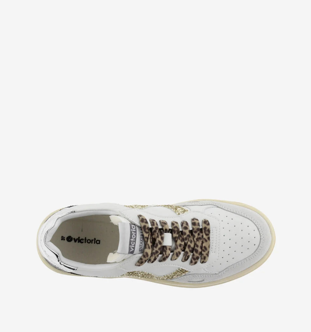 VICTORIA Sneakers White Split Leather Glitter Leopard