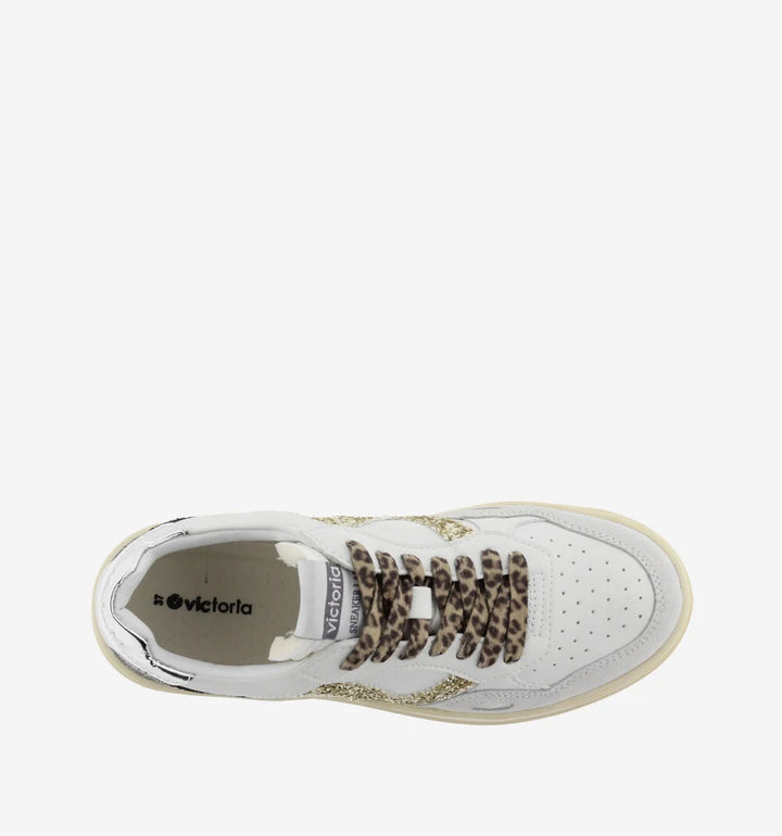 VICTORIA Sneakers White Split Leather Glitter Leopard