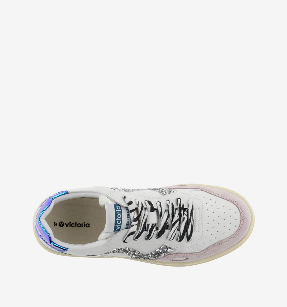 VICTORIA Sneakers White Split Leather Glitter Zebra