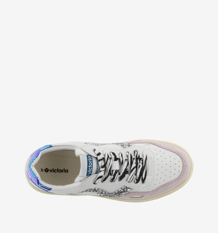 VICTORIA Sneakers White Split Leather Glitter Zebra